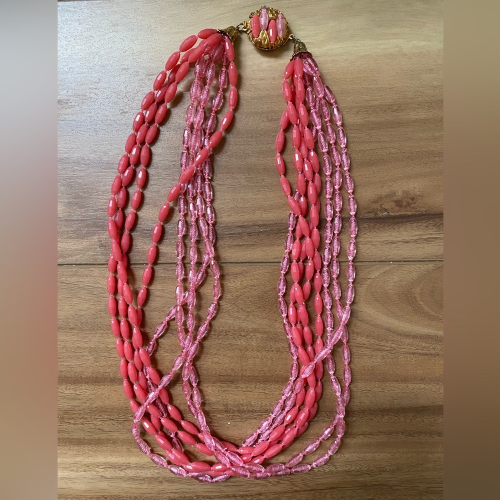 1950s Multi-Strand Flamingo Pink Beaded Necklace